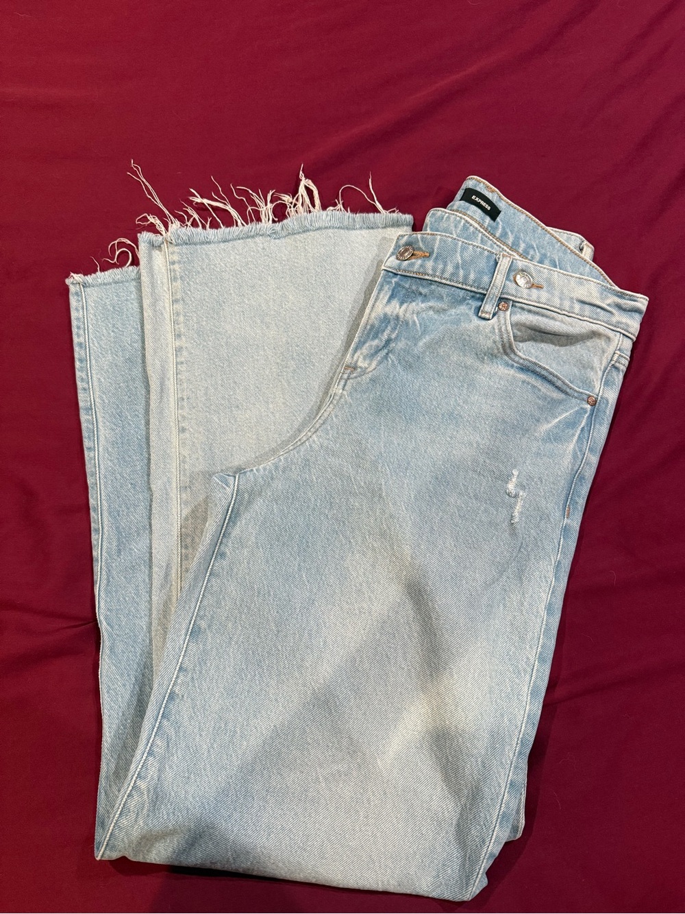 Express Light Blue Frayed-Hem Wide-Leg Jeans